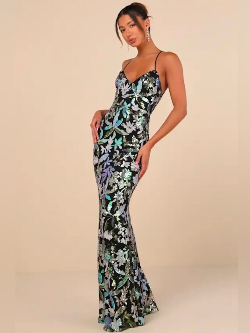 Lulus Glittering Icon Black Iridescent Sequin Lace-Up Maxi Dress Size S